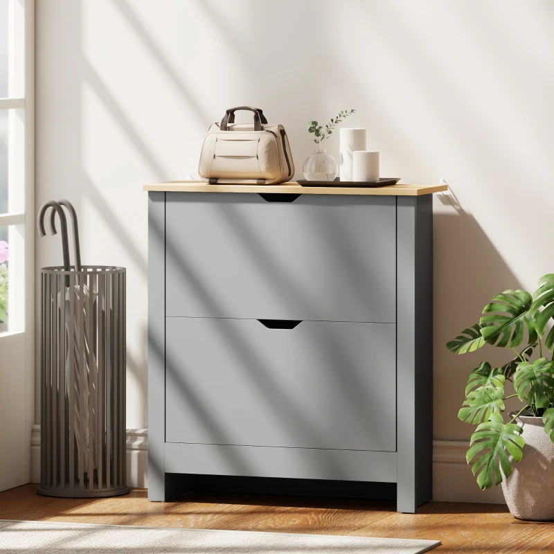HOMCOM Mueble zapatero 12 pares, armario estrecho con 2 cajones abatibles y estantes regulables, gris claro