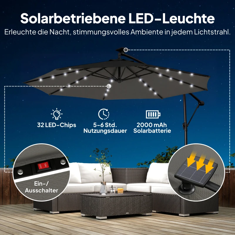 Outsunny Vrijhangende parasol LED Solar ca. Ø300 cm draaibaar parasol met slinger, standaard, beschermhoes Donkergrijs