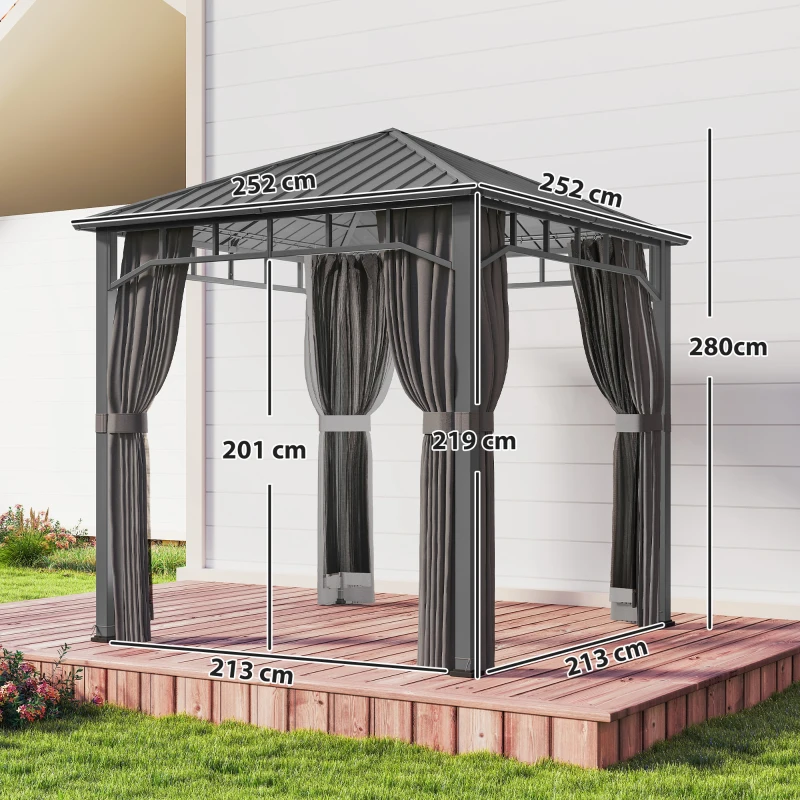 Outsunny 2.5 x 2.5 m Hardtop Gazebo with Galvanised Steel Roof, Waterproof Permanent Pavilion Garden Gazebo with Netting and Curtains for Patio, Deck, Dark Grey