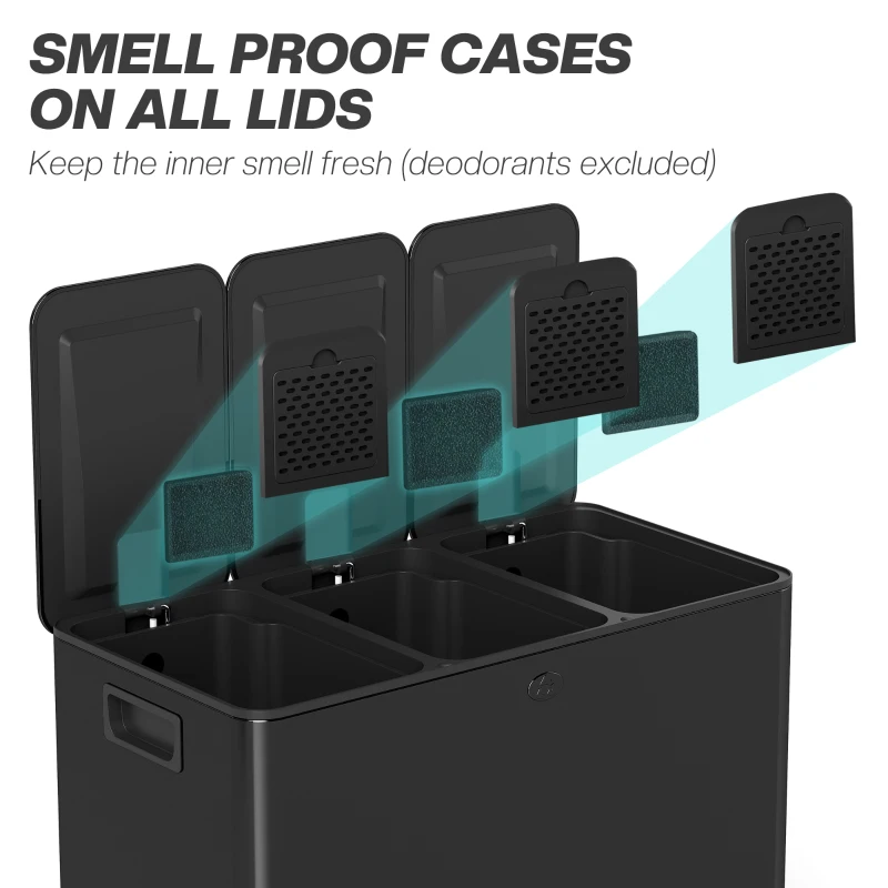 HOMCOM 3 x 20L Pedal Bin, Steel Triple Kitchen Bin with Soft Close Lid, Removable Inner Buckets, Fingerprint-Proof, Black