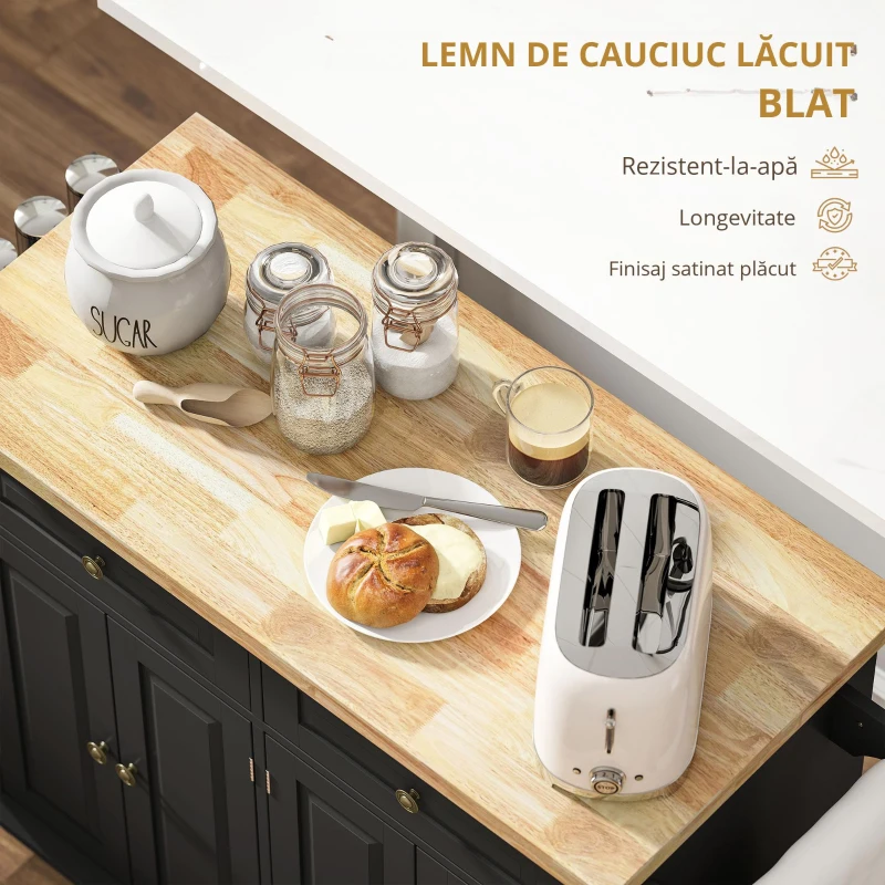 HOMCOM Insula Bucatarie pe Roti – Blat Lemn, Rafturi & Suporturi(m-5)