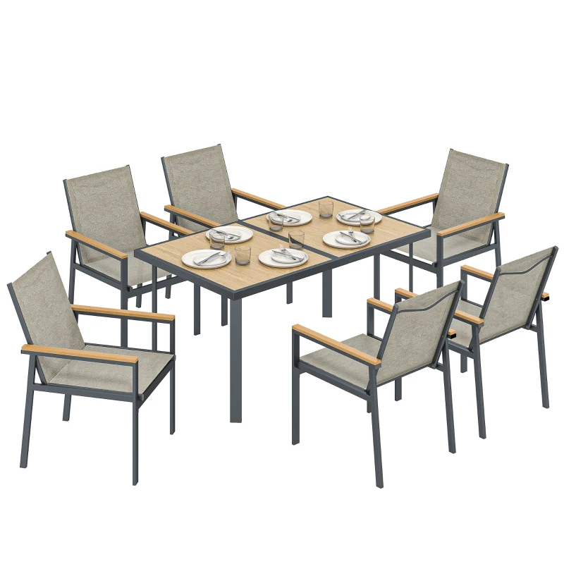 Outsunny Seven-Piece Metal Garden Dining Set, with Glass-Top Table - Khaki