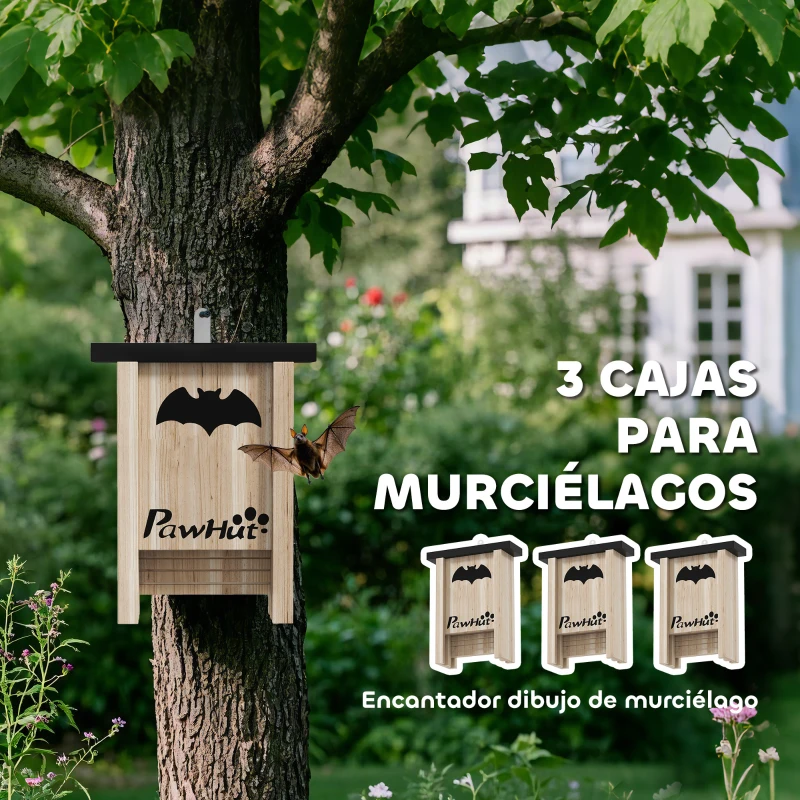 PawHut Set de 3 Casas para Murciélagos Cajas de Madera para Exterior Jardín Huerto o Granja Fácil de Colgar 18x6x22,5 cm