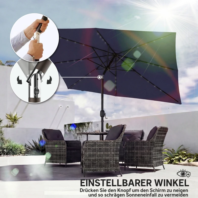 Outsunny parasol LED Solar ca. 300 x 200 cm kantelbaar balkonparasol met slinger beschermhoes, UV-bescherming, draaibaar Marineblauw