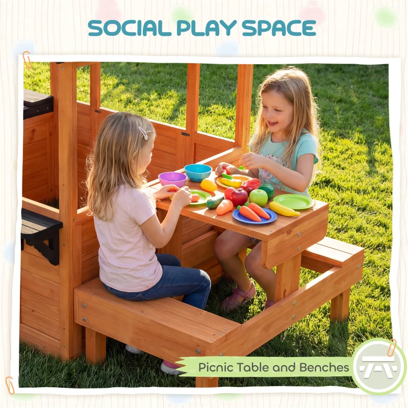 AIYAPLAY Speelhuis Outdoor Hout Kinderspeelhuis met Tafel Bank Spoelbak Raam Deur Bloemenbakhouder voor 3-8 Jaar Lichtbruin
