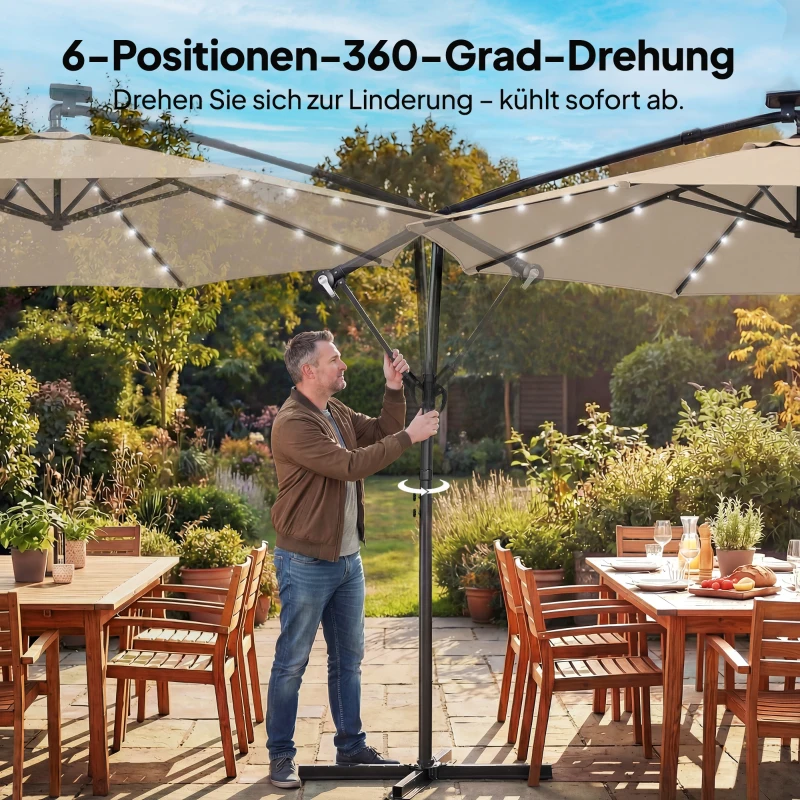 Outsunny Zweefparasol LED op zonne-energie ca. Ø300 cm draaibaar Parasol met slinger, voet en beschermhoes Beige