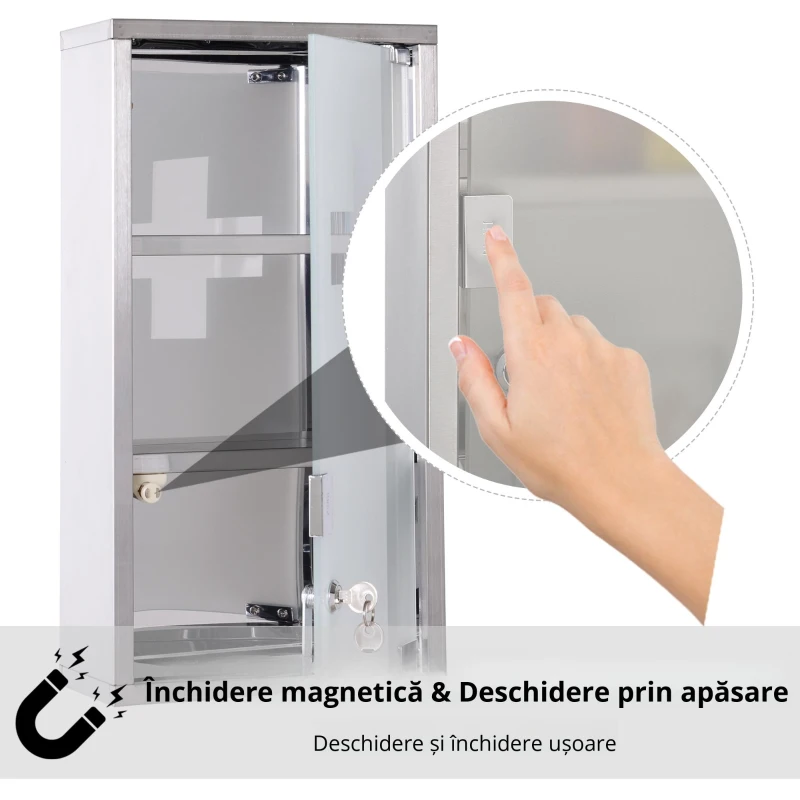 HOMCOM Dulapior pentru Medicamente, in Sticla si Otel Usa si 2 Chei Prim Ajutor Cutie Medicamente 48x25cm