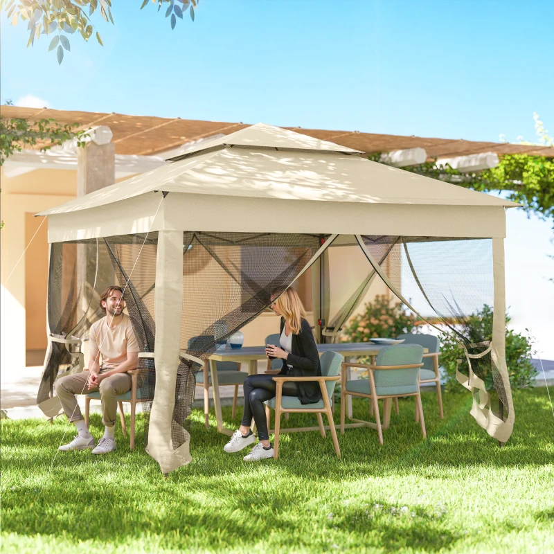 Outsunny Tenda Dobrável de Exterior Tenda de Jardim com Teto Duplo Rede Mosquiteira Amovível 325x325x270 cm Creme