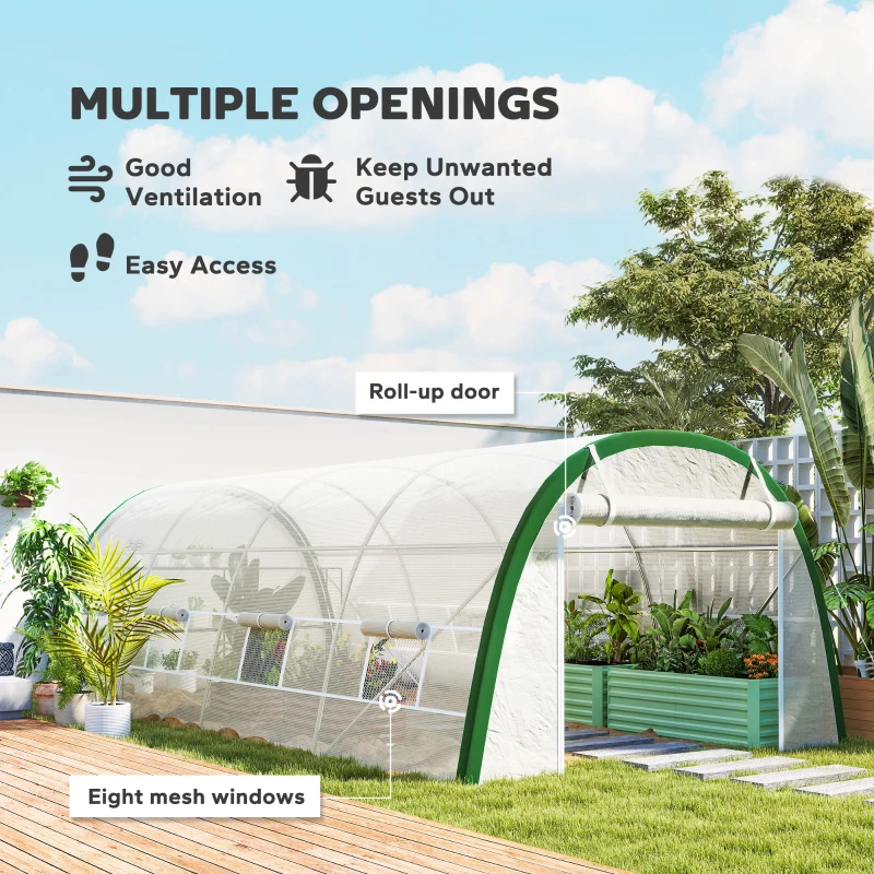 Outsunny Walk-in Polytunnel Greenhouse Tunnel Warm House Tent with Zipped Doors, 8 Mesh Windows, PE Cover, 6 x 3 m, White