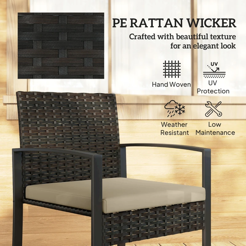 Outsunny Rattan Bistro Set, 3 Piece Garden Furniture Set with Glass Top Table and Cushions, Khaki