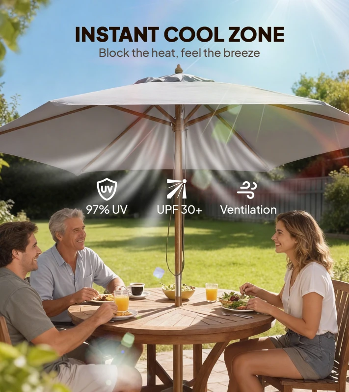 Outsunny 2.5m Wood Garden Parasol Sun Shade Patio Outdoor Wooden Umbrella Canopy, Table Market Umbrella with Vent, 38mm Pole, Rope Pulley Mechanism, Grey