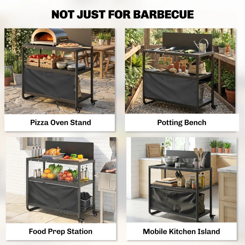 Outsunny Carrinho de Churrasco Exterior Mesa de Três Níveis com Tampo em Aço Suporte para Forno de Pizza com Ganchos Suporte para Temperos Preto