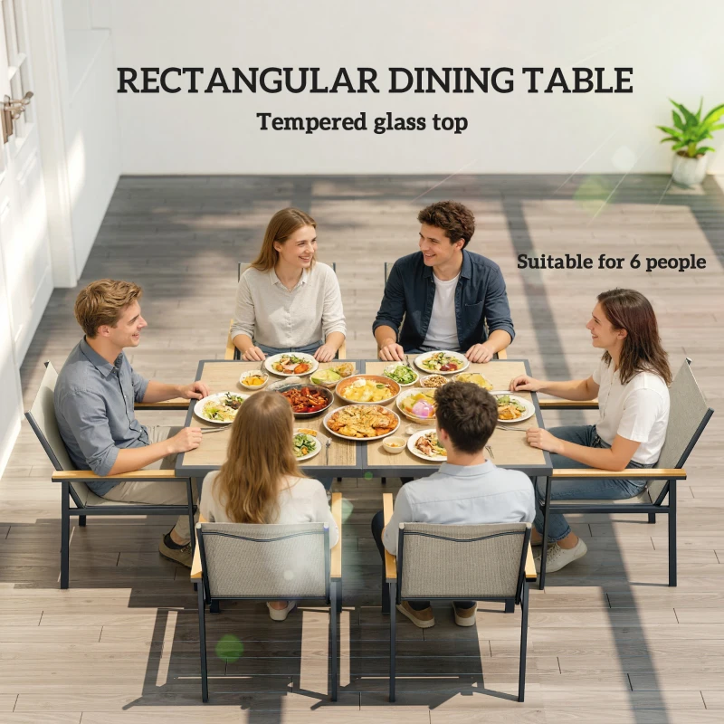 Outsunny Seven-Piece Metal Garden Dining Set, with Glass-Top Table - Khaki