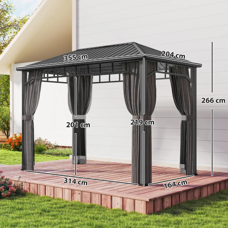 Outsunny 2 x 3.5 m Hardtop Gazebo with Galvanised Steel Roof, Waterproof Permanent Pavilion Garden Gazebo with Netting and Curtains for Patio, Deck, Dark Grey