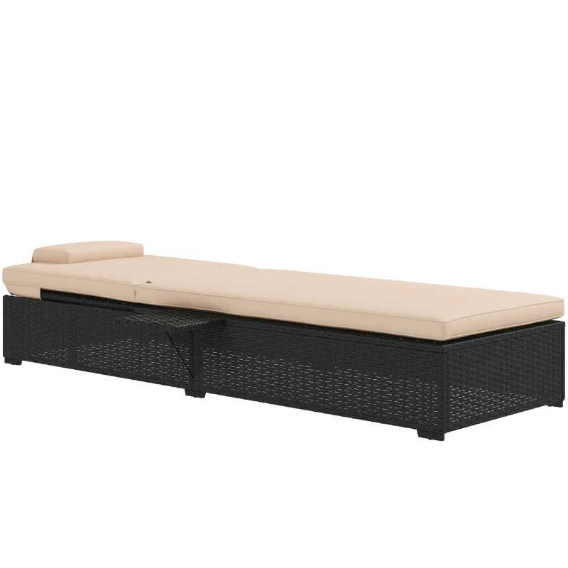 Outsunny Rattan Sun Lounger with 5-Level Reclining Back Side Tray and Cushion, Black