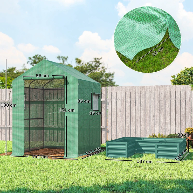 Outsunny Small Greenhouse with Raised Garden Bed, Galvanised Walk-in Greenhouse with Roll Up Windows, 141 x 141 x 190 cm, Green