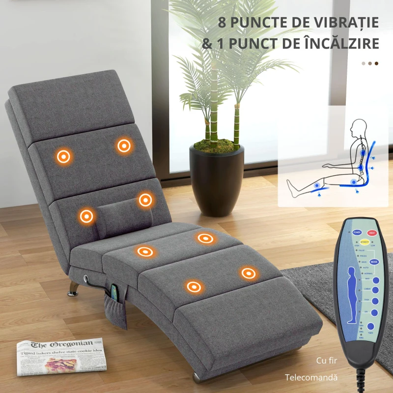 HOMCOM Fotoliu de Masaj cu 8 Puncte Vibrante și Încălzire, 5 Moduri, Temporizator și Telecomandă, Gri