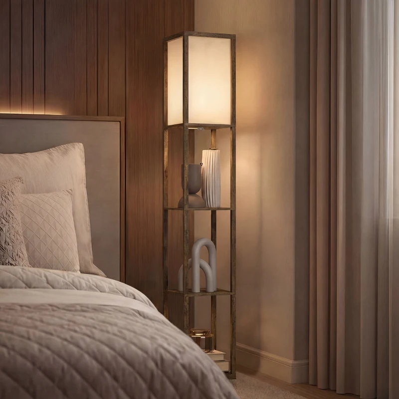 HOMCOM 3-Tier Floor Lamp, Floor Light with Storage Shelf, Reading Standing Lamp with Acrylic Shade for Living Room, Bedroom, Kitchen, Dining Room, Office, Dorm, 160cm, Brown