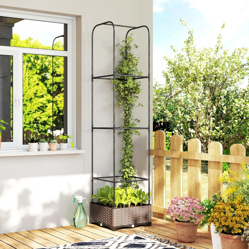 Outsunny Raised Garden Bed with Trellis, Plastic Planter Box with Drainage Holes, Drain Plugs and Water Reservoirs