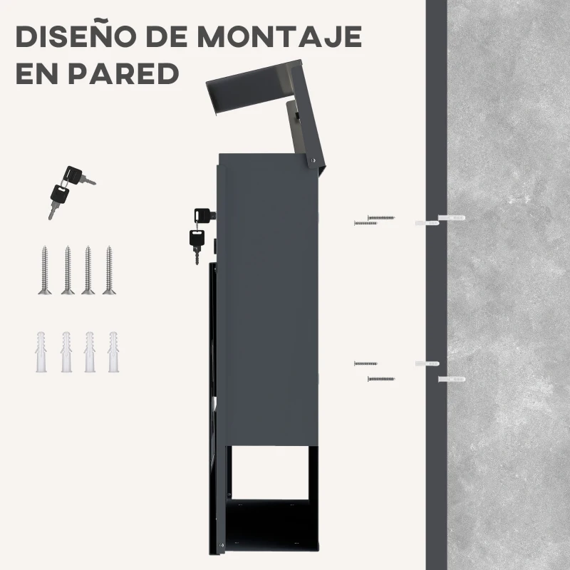 HOMCOM Buzón Exterior de Pared 13 L con Cerradura y Soporte para Periódicos, Acero Inoxidable, Gris Oscuro