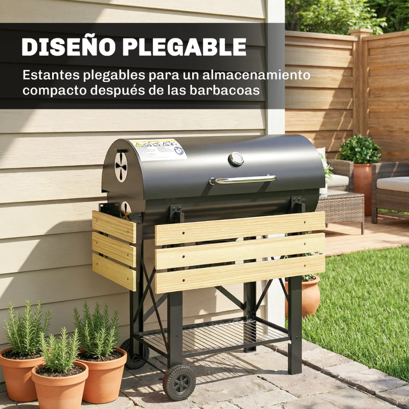Outsunny Barbacoa de Carbón Portátil Móvil con Estantes Plegables Termómetro Tapa Ventilaciones Ajustables 109x71x98 cm Negro