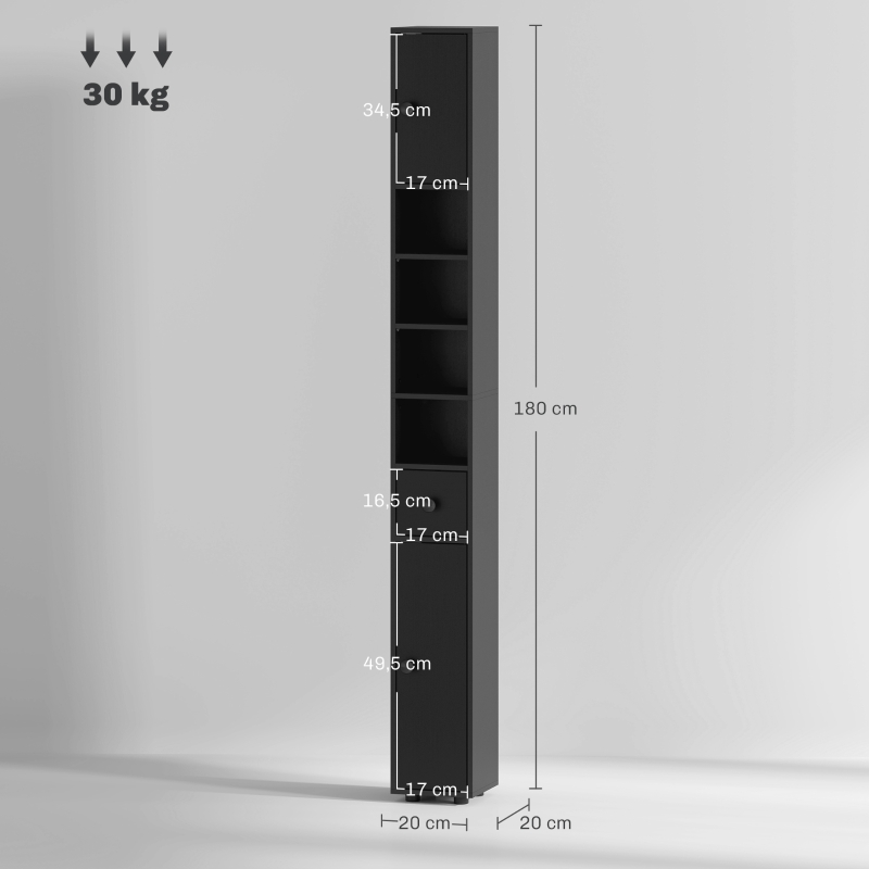 kleankin Hoher Badezimmerschrank Schmale Badsäule mit 1 Schublade 4 offene Regalböden und verstellbare Einlegeböden 20x20x180 cm Schwarz