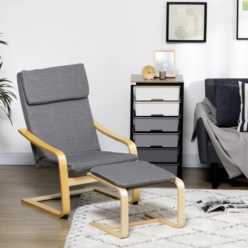 HOMCOM Fauteuil met voetenbank, fauteuilset, linnenlook, massief hout, grijs+naturel(m-10)