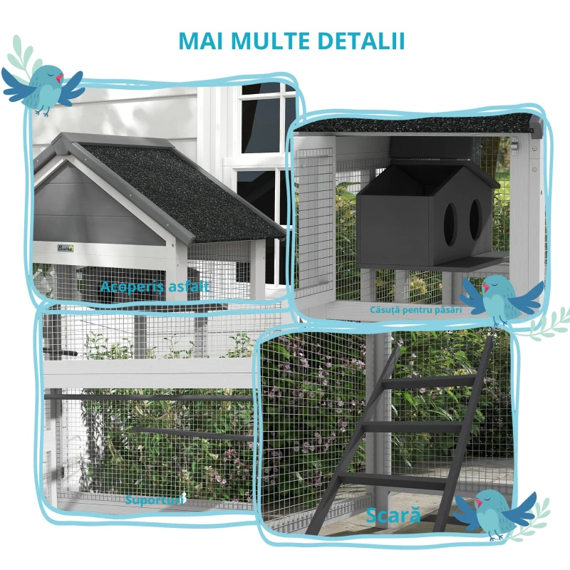 Pawhut Colivie Exterior Lemn – Voliera cu Scara, Tava & Suporturi