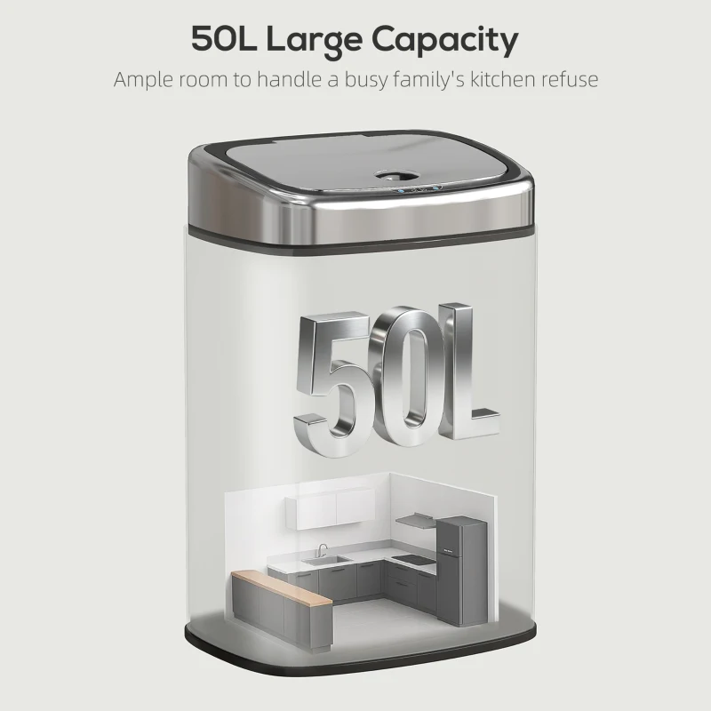 HOMCOM 50L Stainless Steel Sensor Bin - Silver Tone