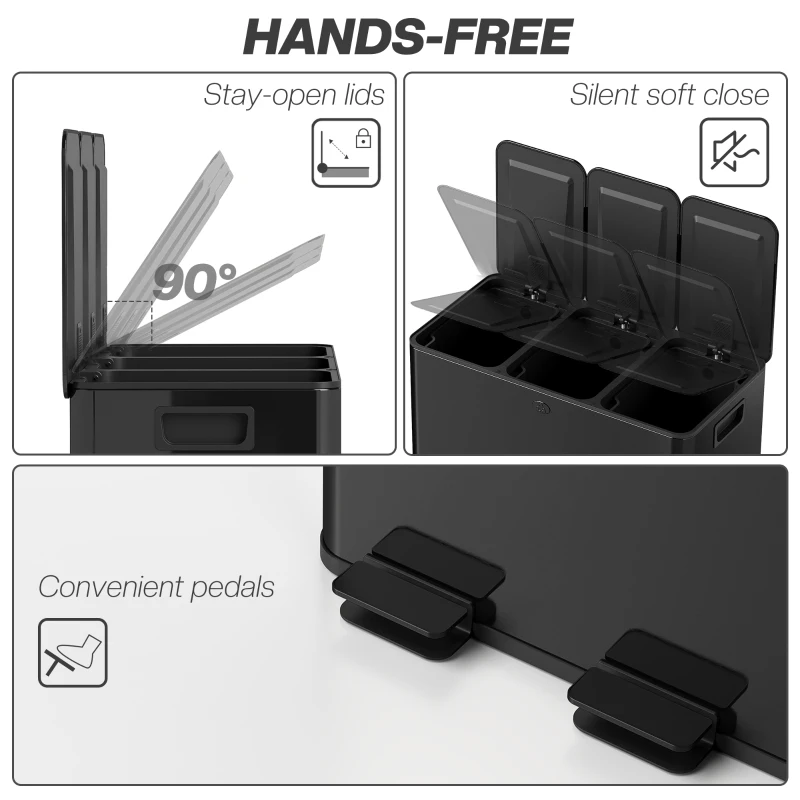 HOMCOM 3 x 20L Pedal Bin, Steel Triple Kitchen Bin with Soft Close Lid, Removable Inner Buckets, Fingerprint-Proof, Black