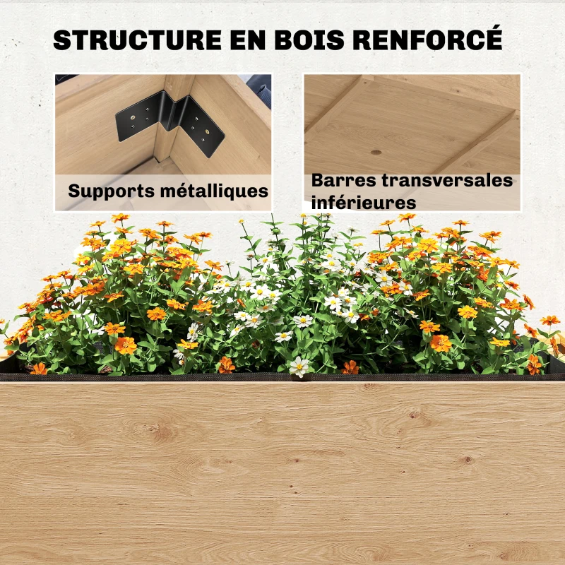 Outsunny Potager sur Pieds à 2 niveaux Jardinières surélevées étagères doublure trous de drainage 119,5x102x76,5cm, marron clair