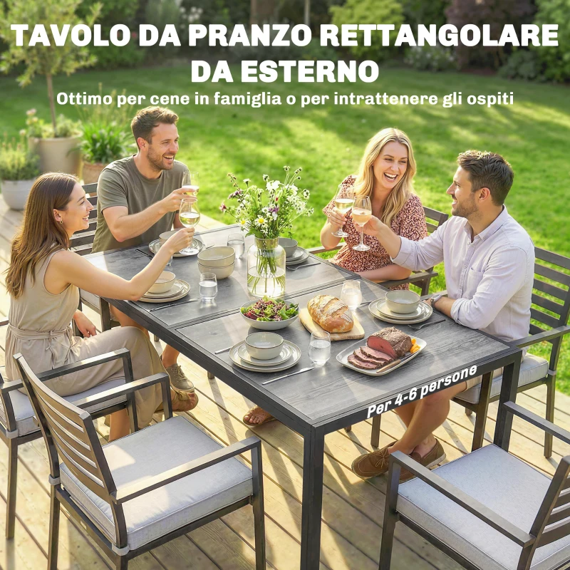 Outsunny Tavolo da Giardino 4-6 Persone con Piano Effetto Legno, in Acciaio e Plastica, 150x80x74 cm, Grigio e Nero