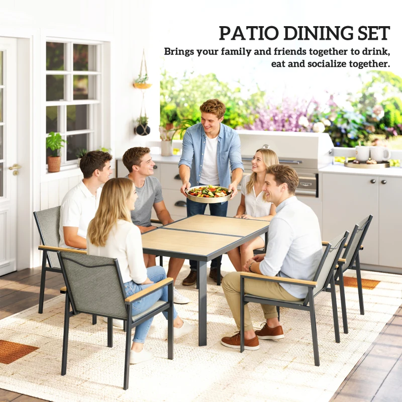 Outsunny Seven-Piece Metal Garden Dining Set, with Glass-Top Table - Khaki