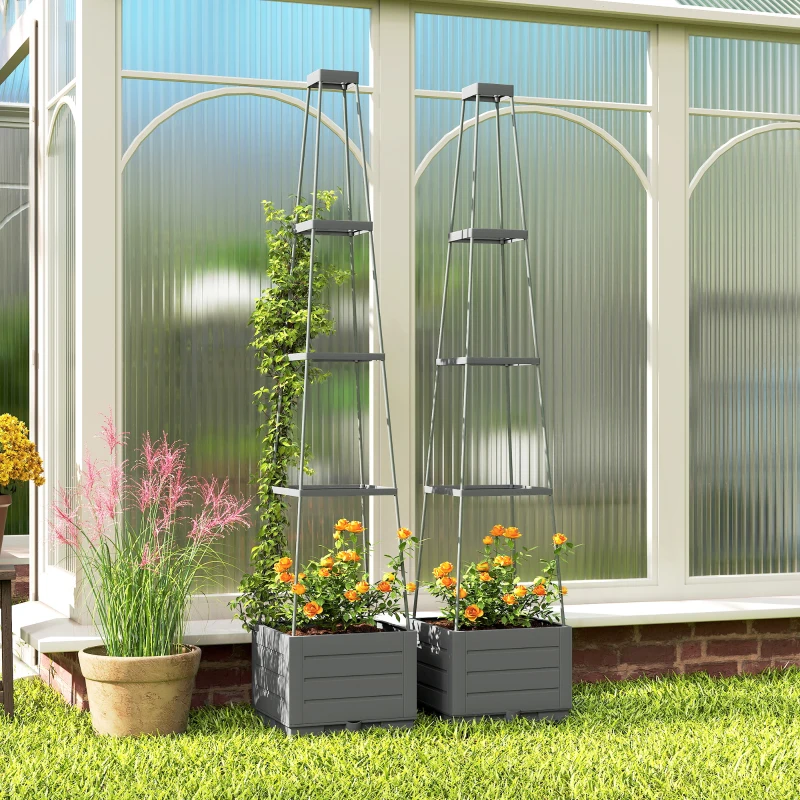 Outsunny 2 Pack Raised Garden Bed with Trellis, Plastic Outdoor Planter Box with Removable Drainage Tray