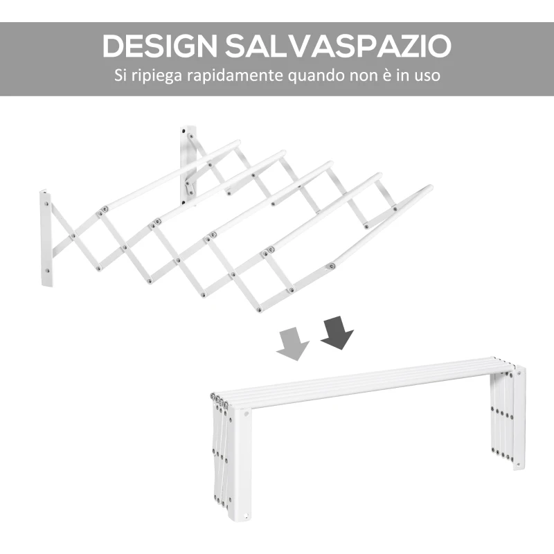 HOMCOM Stendibiancheria a Parete Retrattile per Interni ed Esterni, 63.5x60x20 cm, Bianco