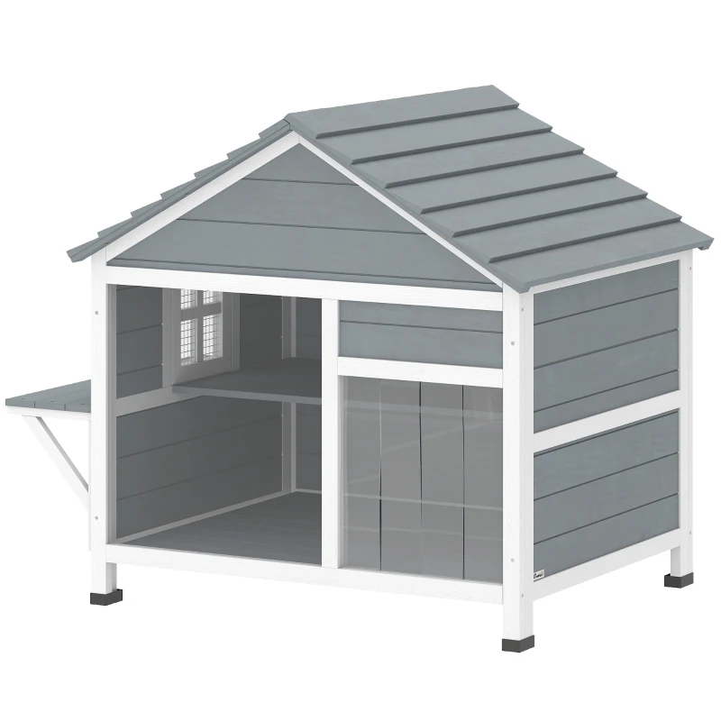 PawHut Casa para Gato de Exterior, Nicho de Madeira com Teto Abrível, Janela Transparente, Portas, Plataforma de Salto