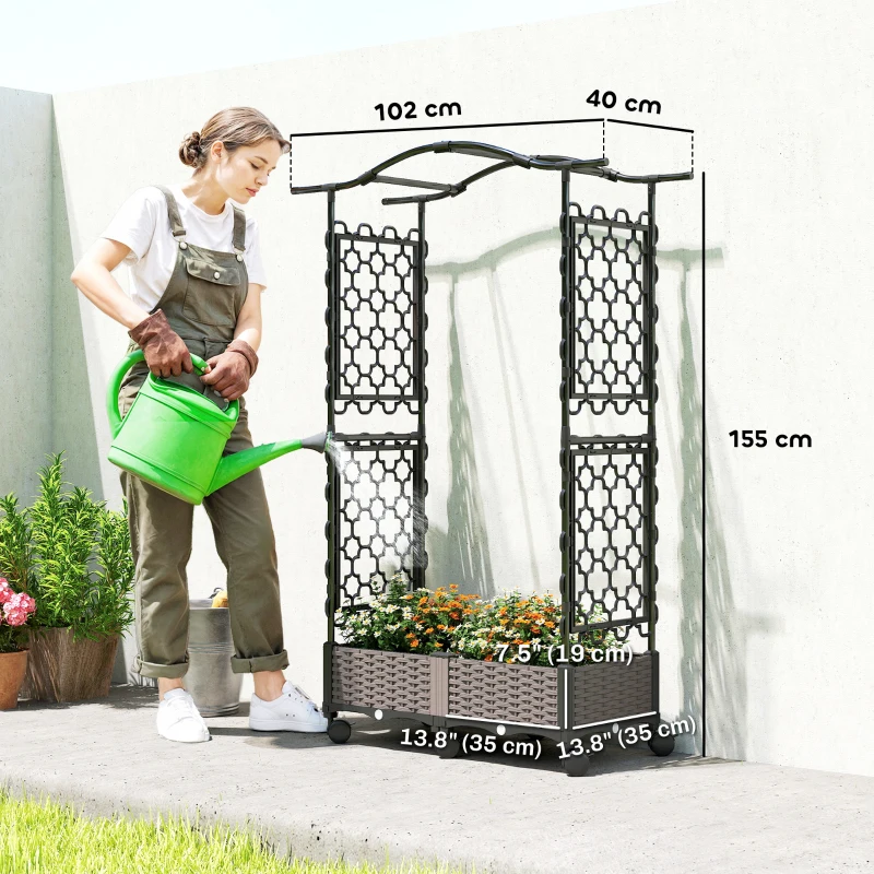 Outsunny Raised Garden Bed with Arch Trellis, Raised Bed for Garden on Wheels with Side Trellis, Self Watering Planter Box