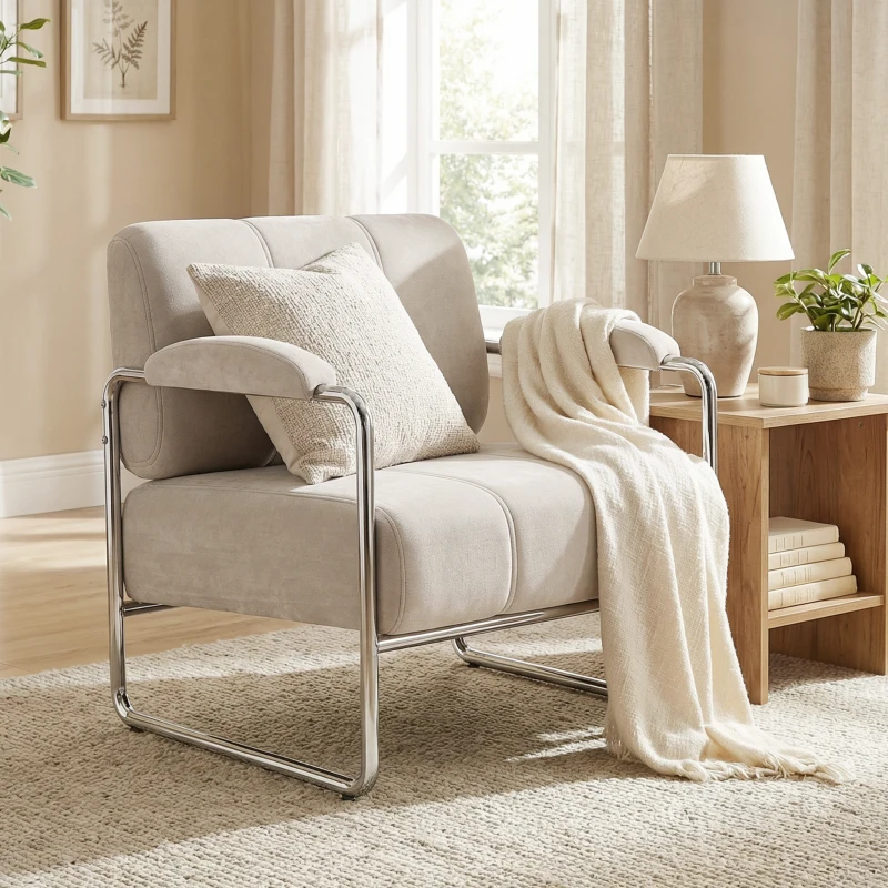 HOMCOM Moderne fauteuil, accentstoel met breed zitvlak en dikke vulling, chenille-gepolsterde stoel voor de woonkamer, beige(m-10)
