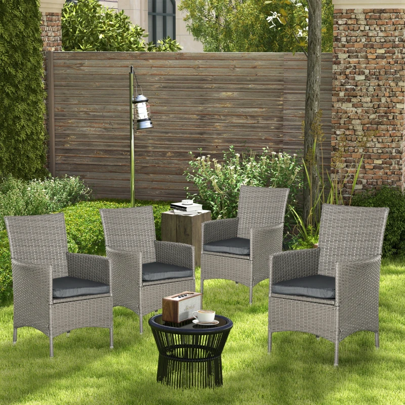 Outsunny Set of Four Rattan Armchairs, with Cushions - Grey