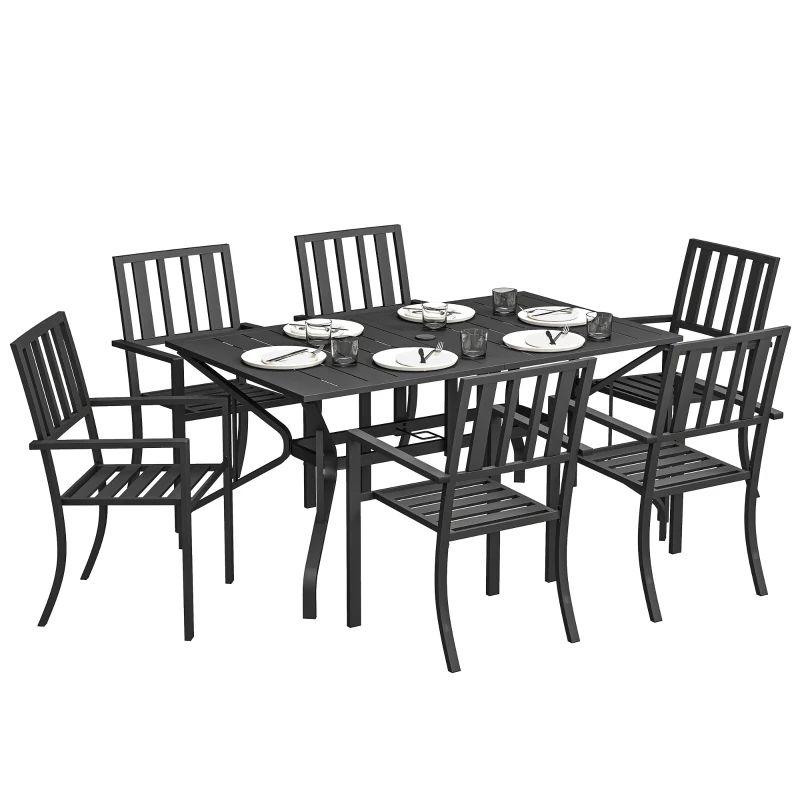 Outsunny 7 Pieces Garden Table and Chairs 6 Seater Outdoor Table and Chairs with Umbrella Hole, for Poolside, Garden, Black