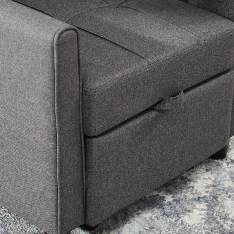 HOMCOM 3-In-1 Linen-Look Single Chair Bed with Adjustable Back & Eucalyptus Wood Sofa Frame - Grey