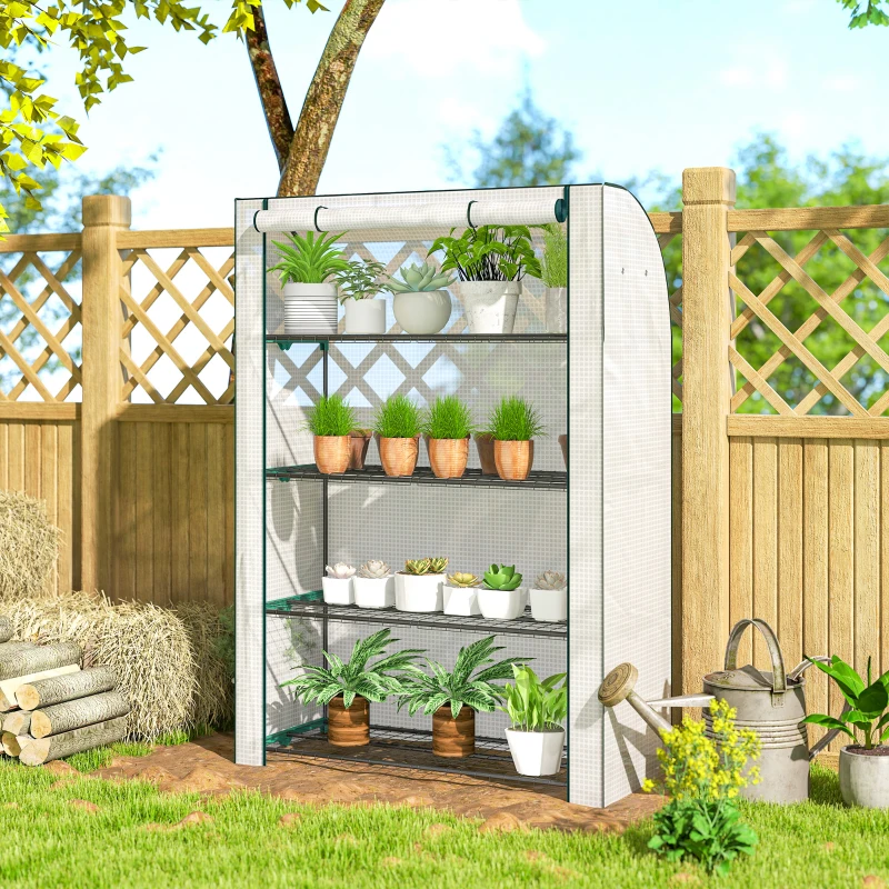 Outsunny Mini Greenhouse with Reinforced PE Cover, Portable Indoor Outdoor Green House with Roll-up Door, 170 x 120 x 50cm, White