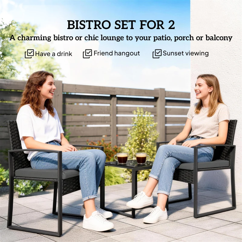 Outsunny Rattan Bistro Set, 3 Piece Garden Furniture Set with Glass Top Table and Cushions, Dark Grey