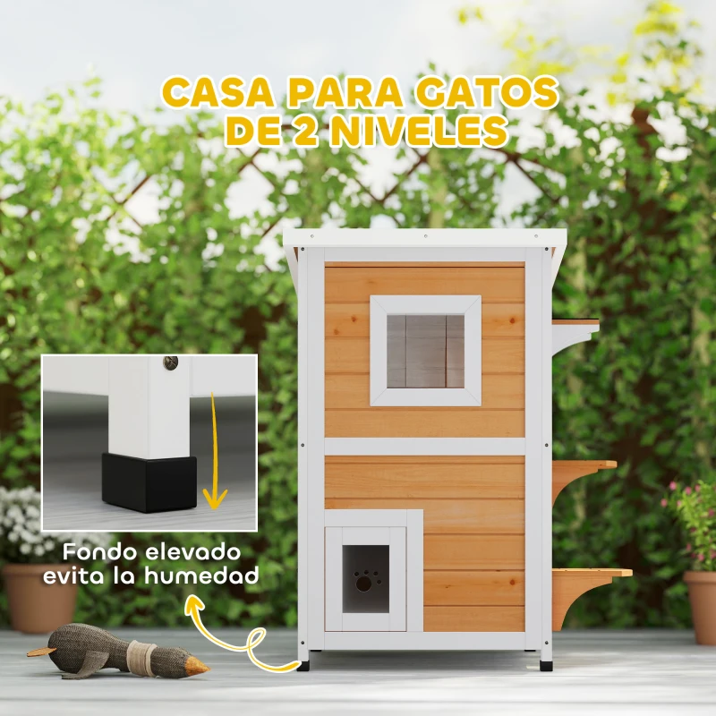 PawHut Caseta para Gatos de Madera Exterior de 2 Niveles con Techo Abatible Panel Central Extraíble 51x51x81,3 cm Natural