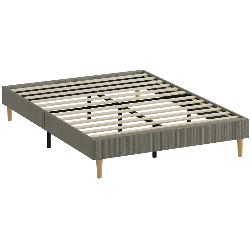 HOMCOM Cadre de lit 140 x 190 cm avec sommier à lattes en bois, lit double rembourré en velours côtelé, gris