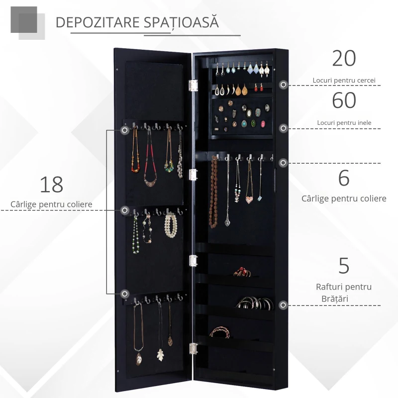 HOMCOM Dulap Bijuterii pentru Perete cu Oglindă din Lemn MDF, Negru,37x9.5x121cm