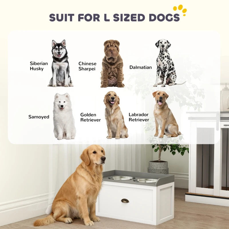 PawHut Stainless Steel Raised Dog Bowls, with 21L Storage Drawer for Large Dogs and Cats - White