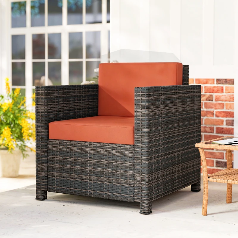 Outsunny PE Rattan Garden Armchair with Cushion - Mixed Brown/Orange