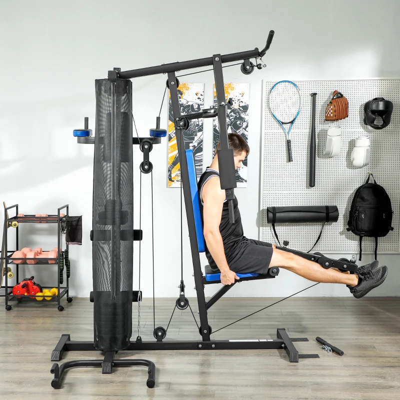 SPORTNOW Estación de Musculación con Pila de Pesas de 65 kg, Equipo de gimnasio para el hogar con banco para abdominales, Negro y Azul