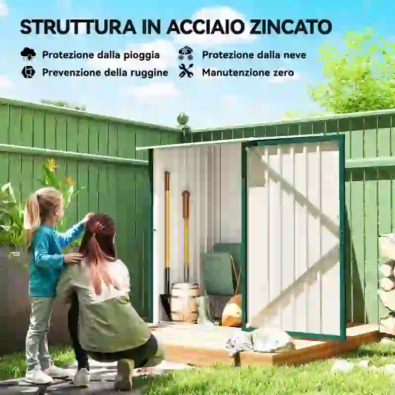 Outsunny Casetta da Giardino Porta Attrezzi in Acciaio Galvanizzato con Porta a Battente, 100x104x160 cm, Verde